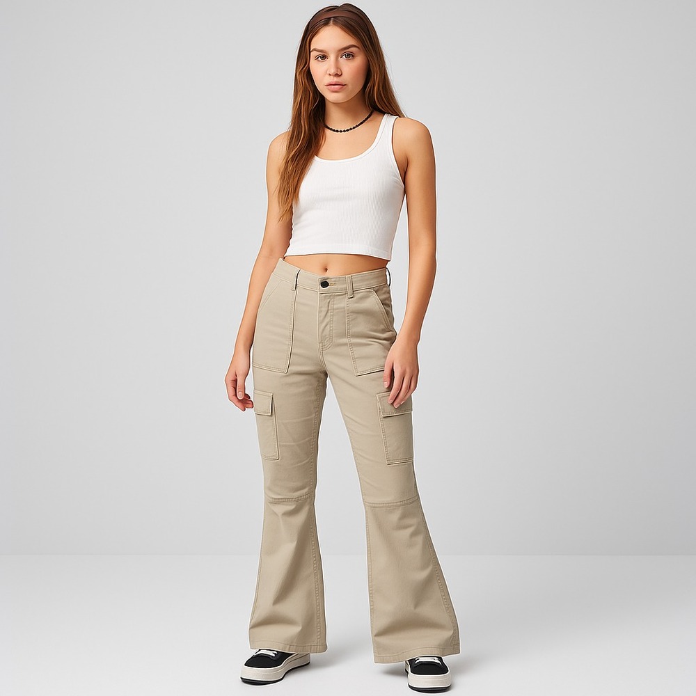 Vintage Arizona Jeans Co Cargo Pants Sz 13 Beige Y2K Flare Cotton Stretch Skater